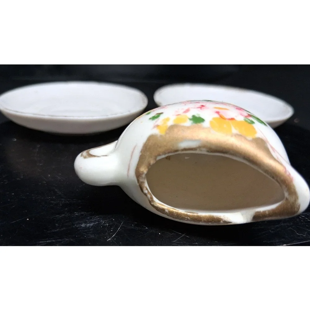 Vintage Miniature Floral Tea Set Creamer Sugar Bowl Teacup Saucers Gold Rim 6pc